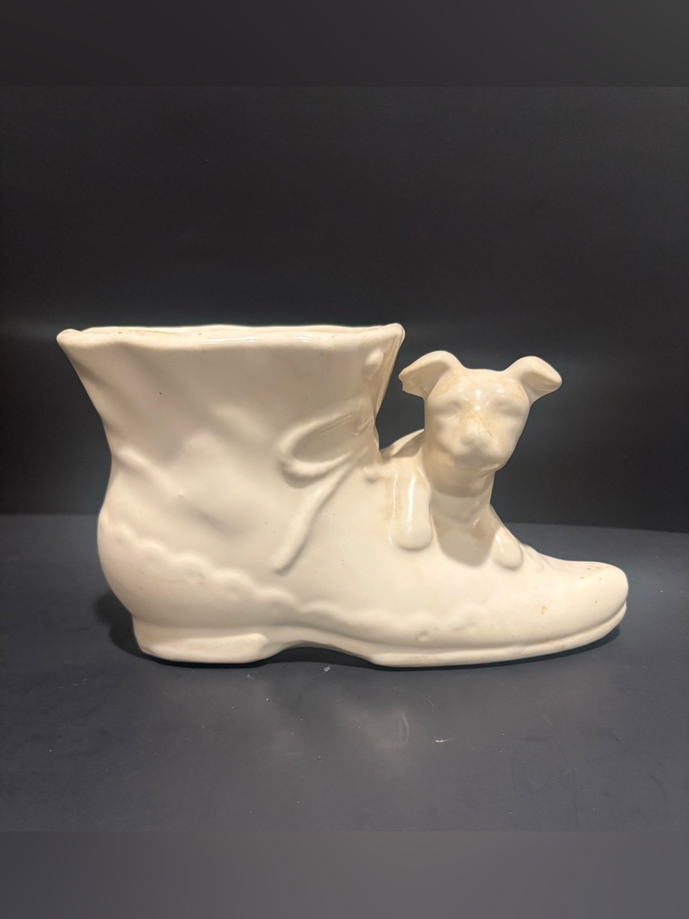 Cream Ceramic Boot Planter with Puppy Accent - Decorative Vintage Vase (1940’s)